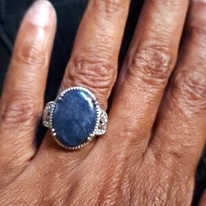 Oval Hand Carved Blue Aventurine Solitaire Stainless steel ring